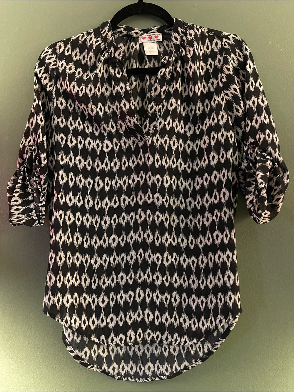 Three Hearts Black & White Ikat-Print Button Down Blouse